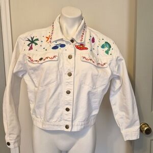 Vintage Petite Sophisticated White Cotton Boho Chic Button Front  Jean Jacket(M)